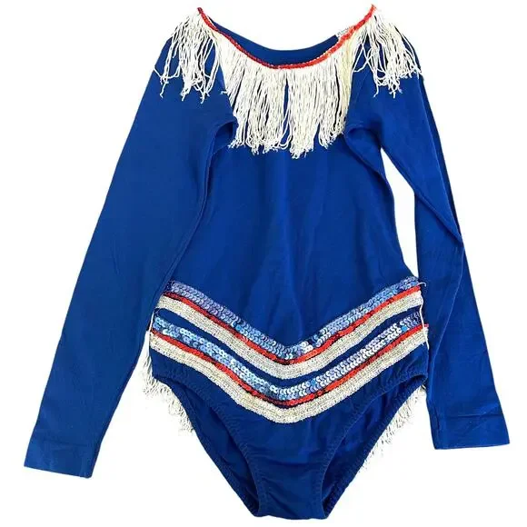 Vintage Danskin Blue Sequin & Fringe Girls’ Bodysuit Size 12-14 Long Sleeve